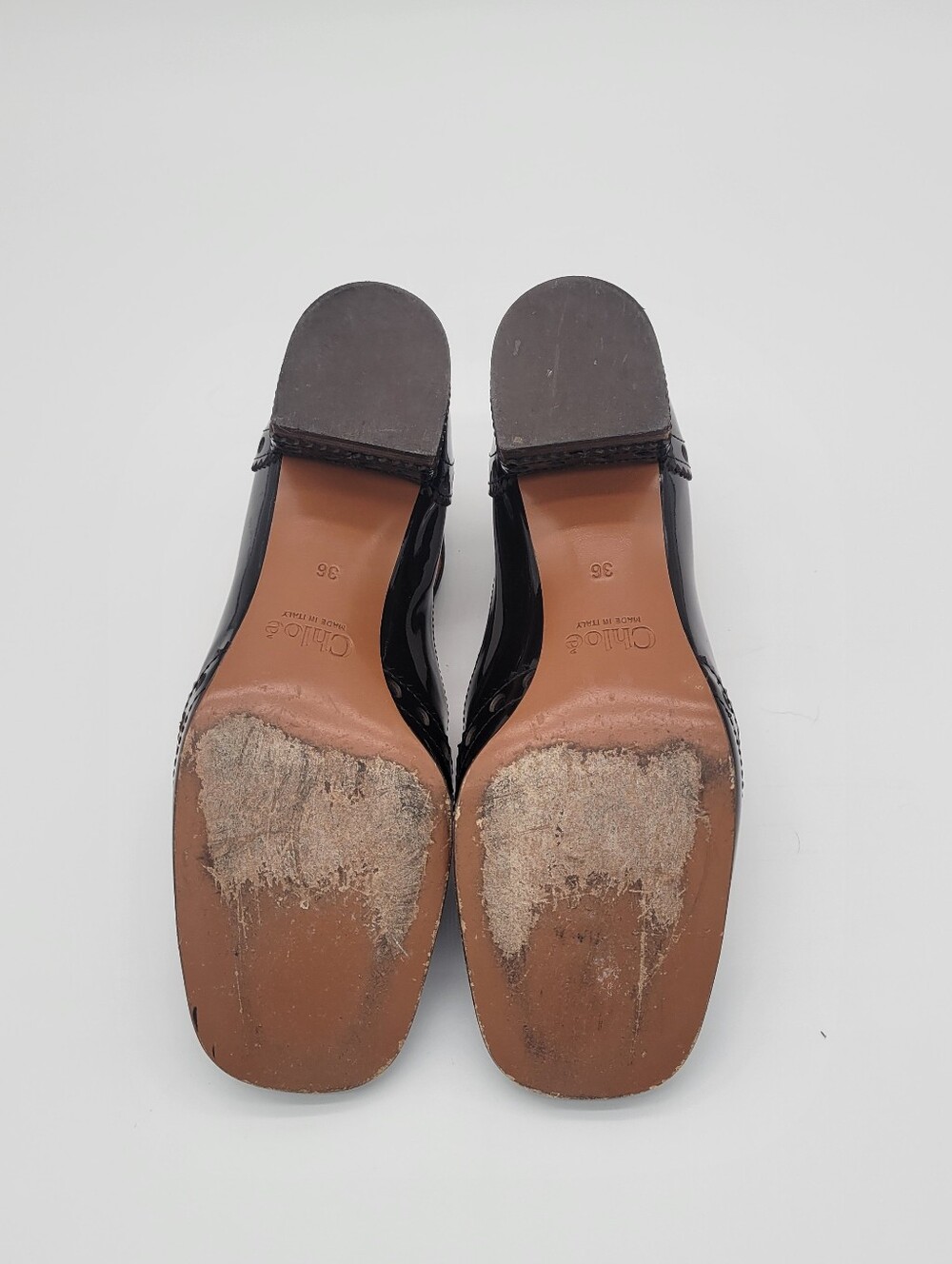 Chloe Brown Patent Leather T-Strap Pumps with Gold Hardware - Picture 4 of 5